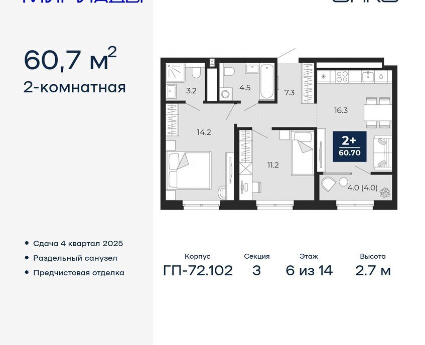 квартира г Тюмень ЖК «Мириады» Ленинский административный округ фото 1