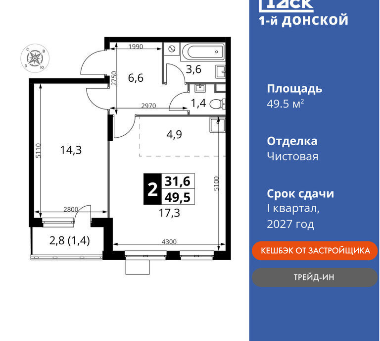 квартира городской округ Ленинский д Сапроново Домодедовская, жилой комплекс 1-й Донской фото 1