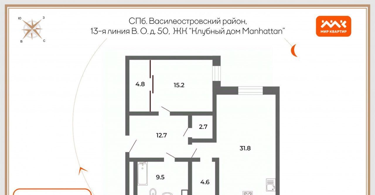 квартира г Санкт-Петербург метро Василеостровская 13-я Васильевского острова линия, 50 фото 2