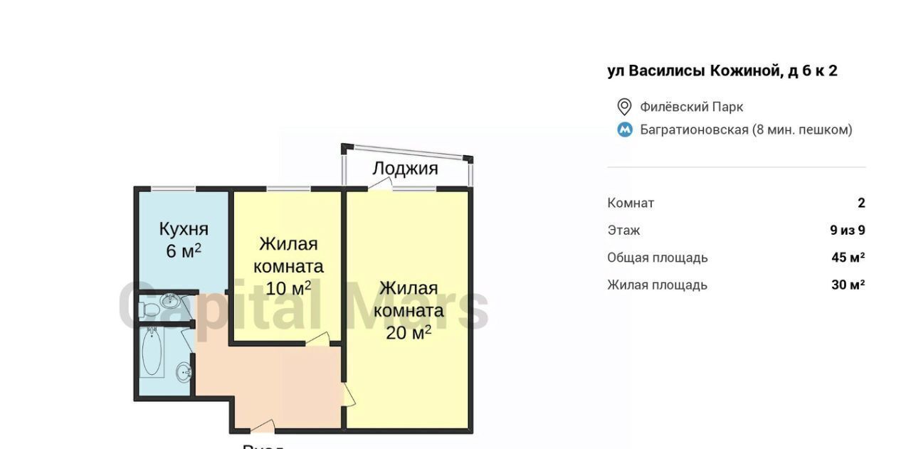 квартира г Москва метро Багратионовская ул Василисы Кожиной 6к/2 муниципальный округ Филёвский Парк фото 3