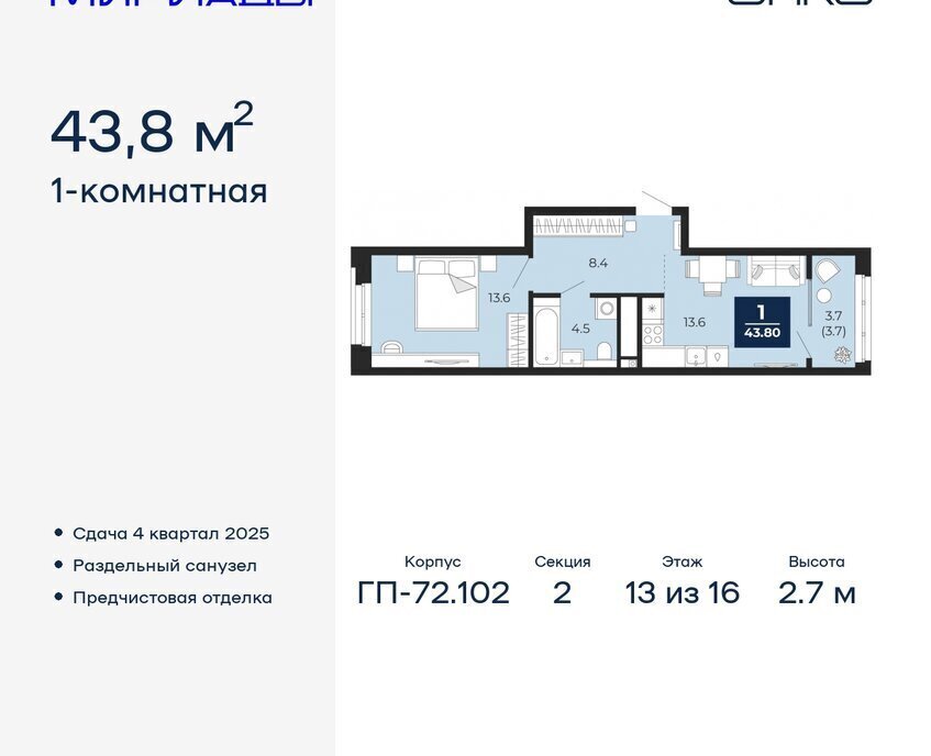 квартира г Тюмень ЖК «Мириады» Ленинский административный округ фото 1