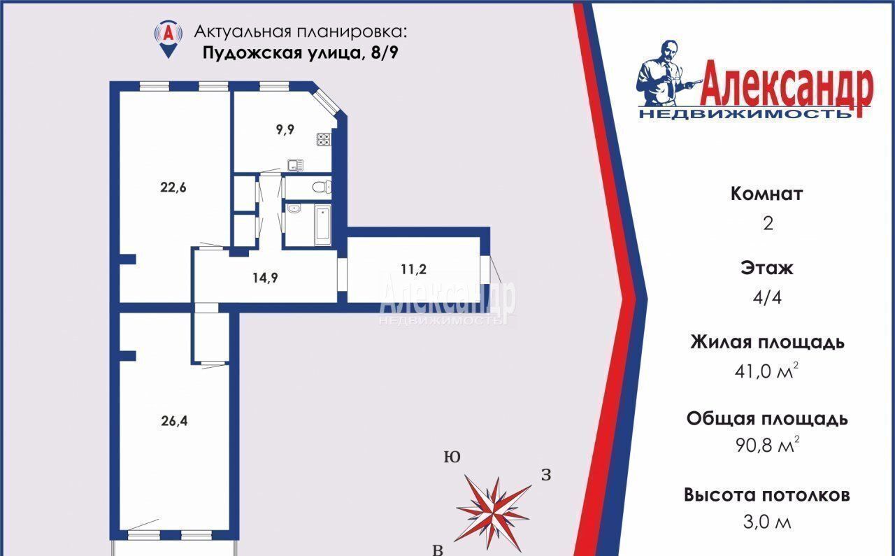 квартира г Санкт-Петербург метро Чкаловская ул Пудожская 8/9 округ Чкаловское, Петроградка фото 2