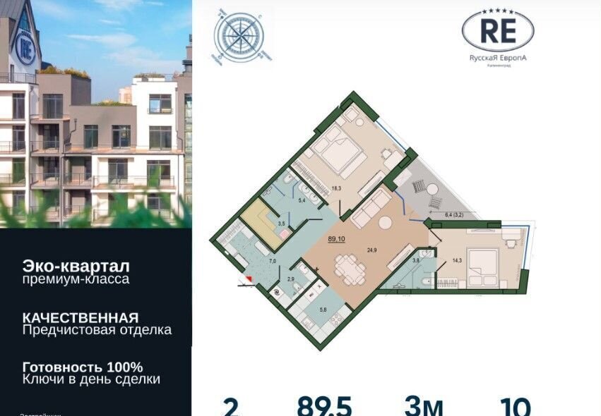 квартира г Калининград р-н Ленинградский ЖК «Русская Европа» ул. Суздальская/Молодой Гвардии, стр. 3 фото 2