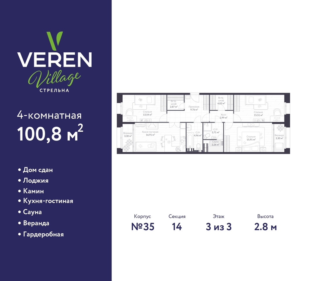 квартира г Санкт-Петербург п Стрельна ЖК «VEREN VILLAGE стрельна» метро Нарвская метро Кировский Завод р-н Петродворцовый ш Красносельское З 5, Проспект Ветеранов, Ленинский Проспект, Автово фото 1