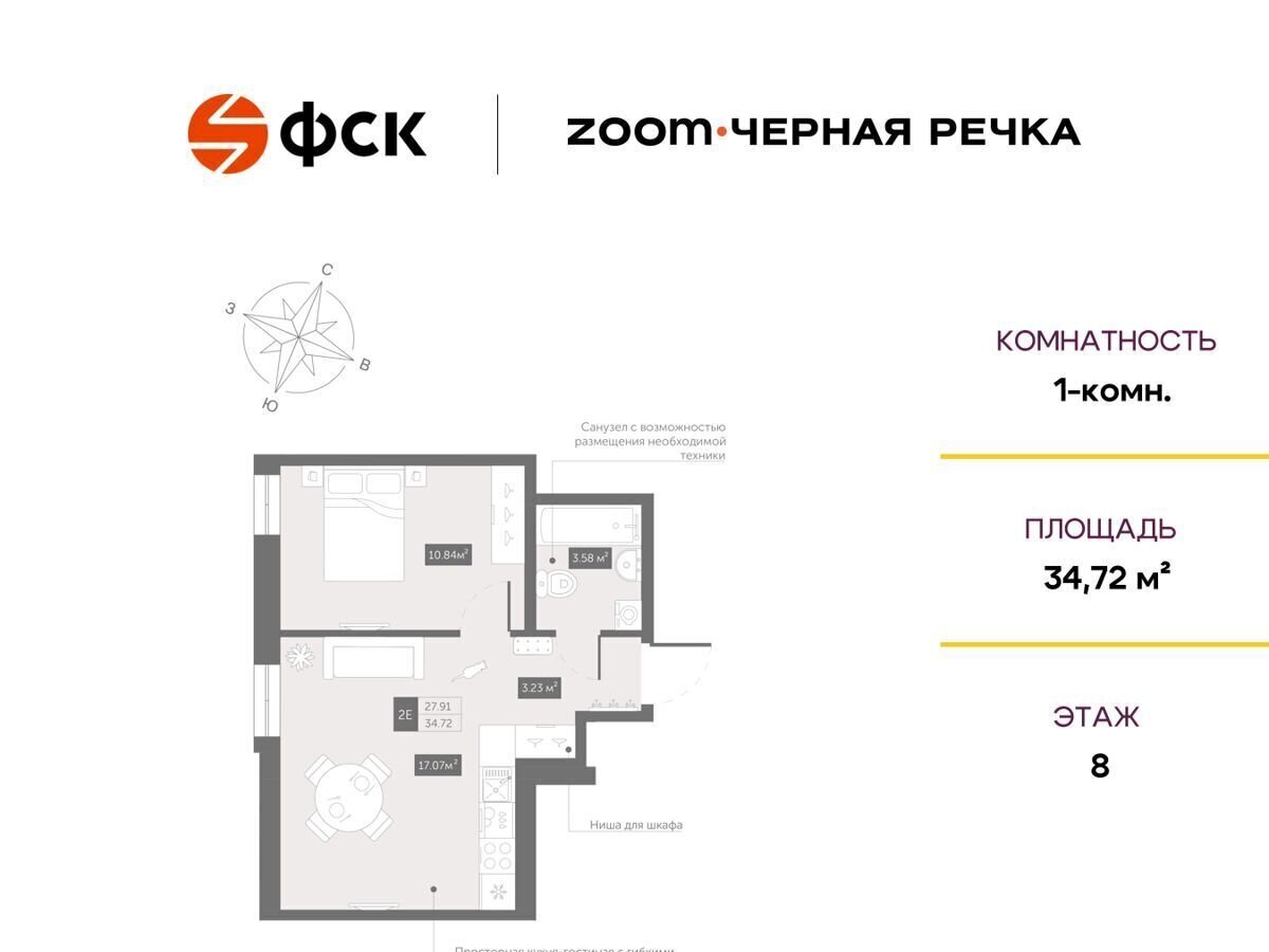 квартира г Санкт-Петербург Выборгская сторона Черная Речка пр-кт Коломяжский 4 Апарт-комплекс «Zoom Черная Речка» лит. А фото 1