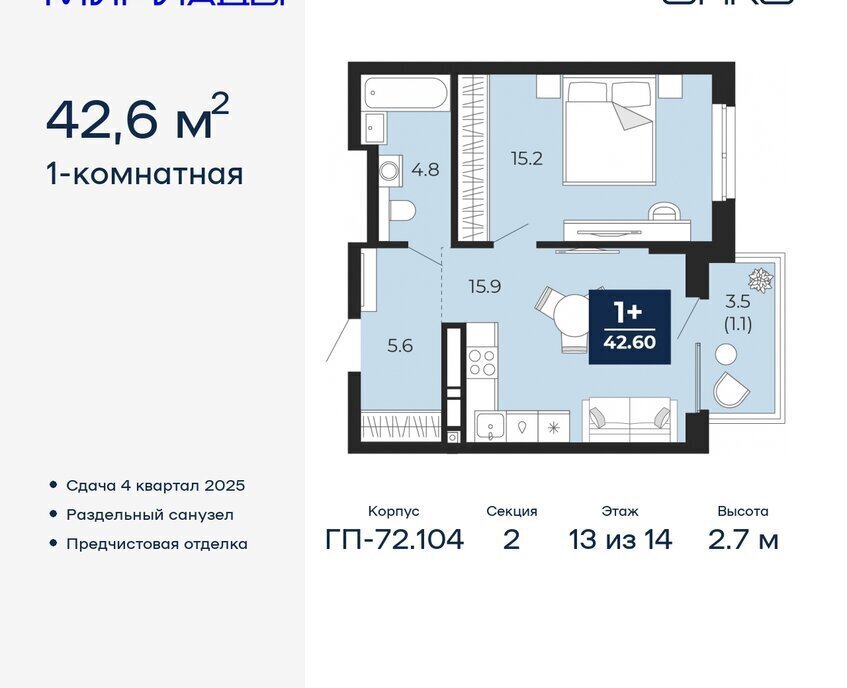 квартира г Тюмень ЖК «Мириады» Ленинский административный округ фото 1