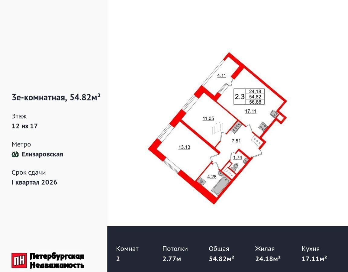 квартира г Санкт-Петербург метро Елизаровская р-н Невский наб Октябрьская ЖК «Pulse Premier» корп. 4. 1 фото 1