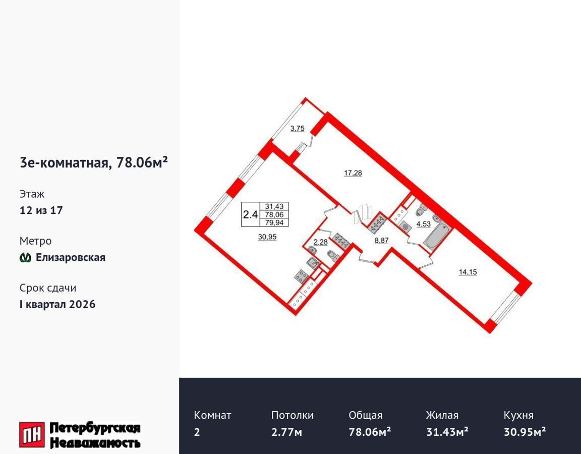 квартира г Санкт-Петербург метро Елизаровская р-н Невский наб Октябрьская ЖК «Pulse Premier» корп. 4. 1 фото 1