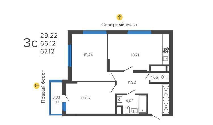 квартира г Воронеж р-н Железнодорожный ЖК «Дом на Набережной» ул. Набережная, д. 1а/1 фото 1