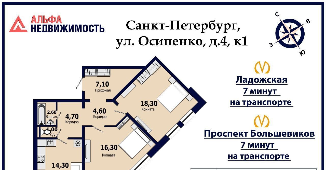 квартира г Санкт-Петербург метро Ладожская ул Осипенко 4к/1 округ Пороховые фото 39