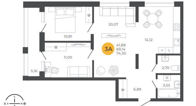 квартира г Пенза Пенза 3 пр-кт Строителей 2 р-н Октябрьский фото 1