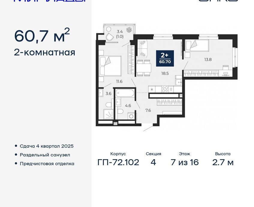 квартира г Тюмень ЖК «Мириады» Ленинский административный округ фото 1