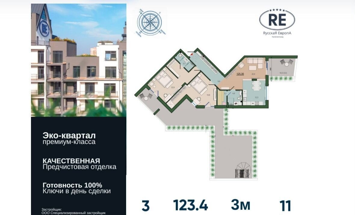 квартира г Калининград р-н Ленинградский ЖК «Русская Европа» ул. Суздальская/Молодой Гвардии, стр. 3 фото 2