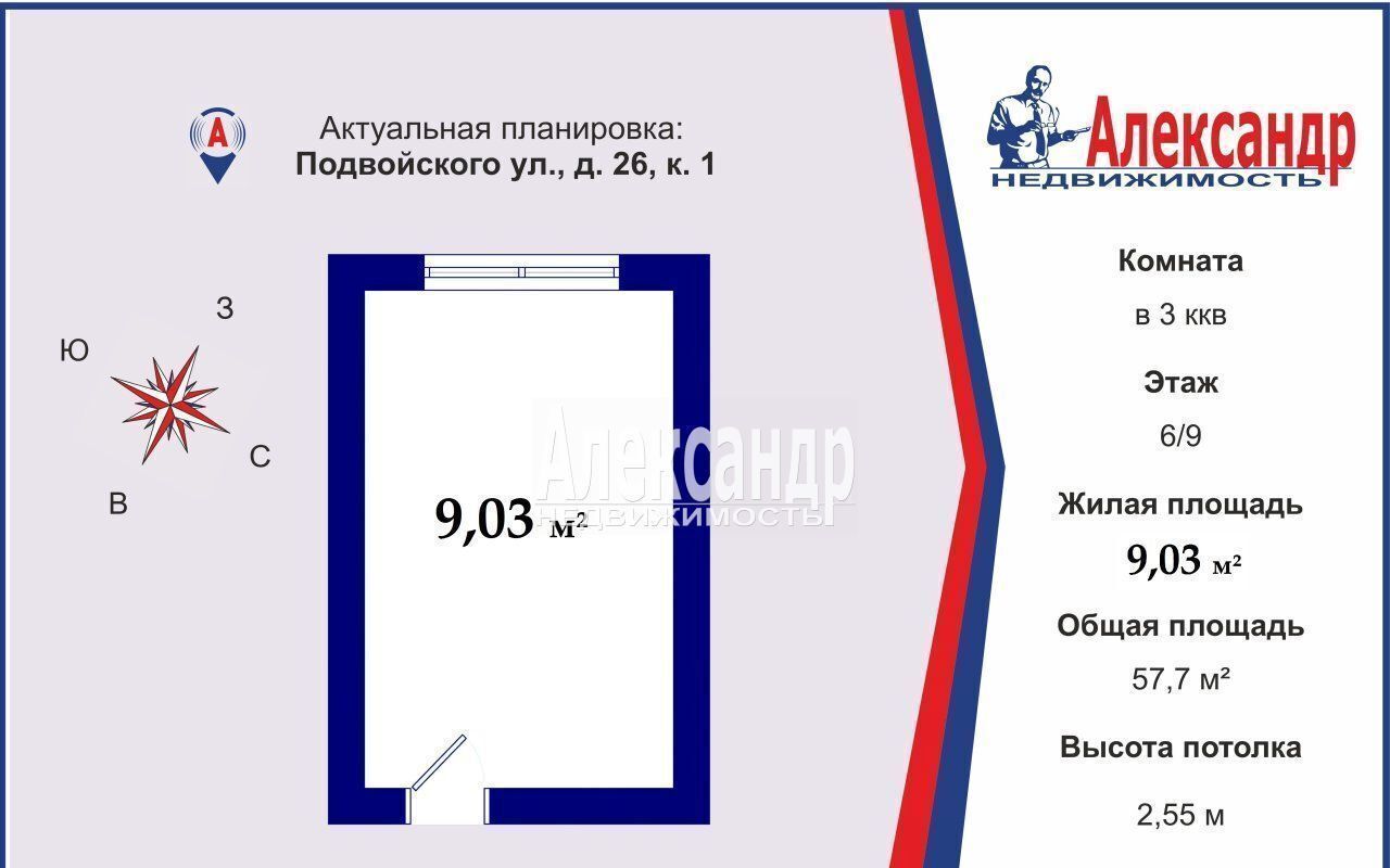 комната г Санкт-Петербург метро Проспект Большевиков ул Подвойского 26к/1 фото 2