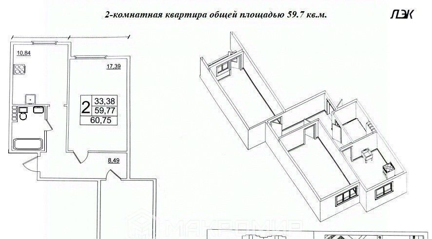 квартира г Санкт-Петербург метро Проспект Ветеранов пр-кт Дачный 4к/3 фото 2