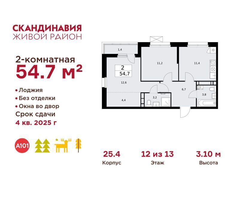 квартира г Москва метро Коммунарка ТиНАО жилой комплекс Скандинавия, 25. 4 фото 1