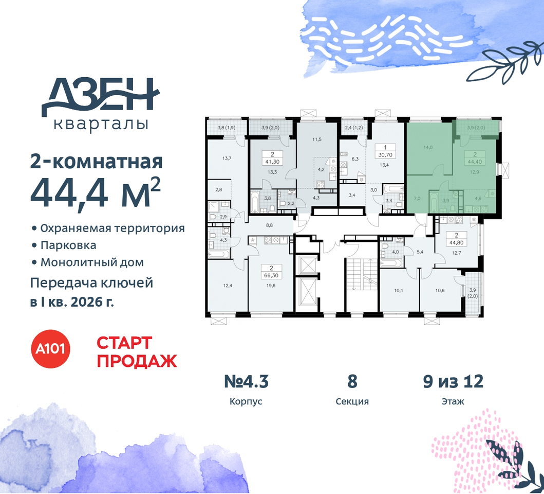 квартира г Москва п Сосенское метро Ольховая метро Бунинская аллея Сосенское, Дзен-кварталы, 2. 1, Коммунарка, Улица Горчакова, Бульвар адмирала Ушакова фото 2