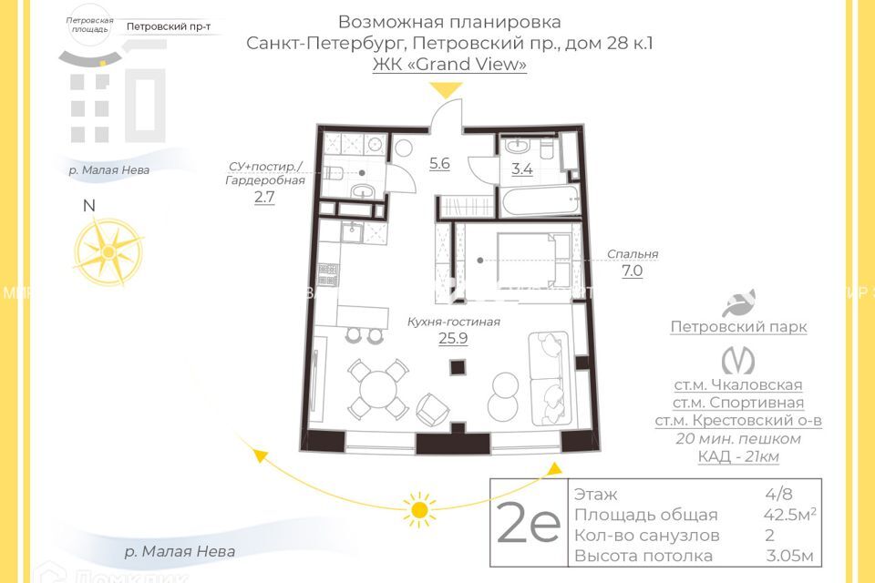 квартира г Санкт-Петербург пр-кт Петровский ЖК Grand View Петроградский, 28 к 1 ст 1 фото 4