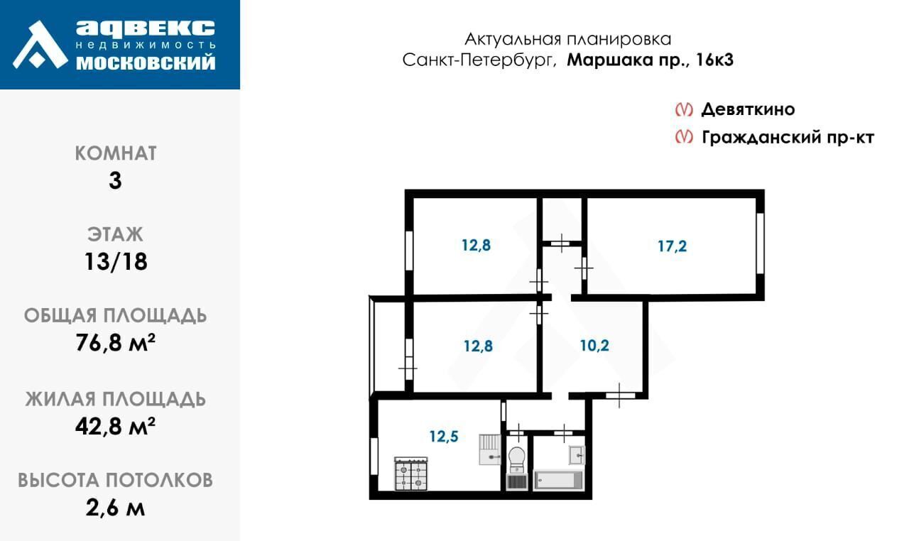 квартира г Санкт-Петербург метро Гражданский Проспект пр-кт Маршака 16к/3 фото 29