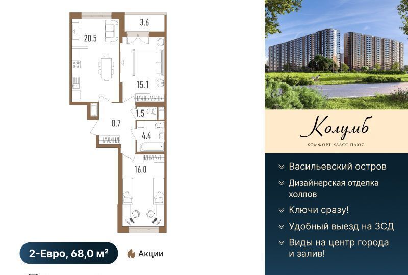 квартира г Санкт-Петербург метро Приморская б-р Головнина 1 ЖК «Колумб» корп. 1, д. 3 фото 24