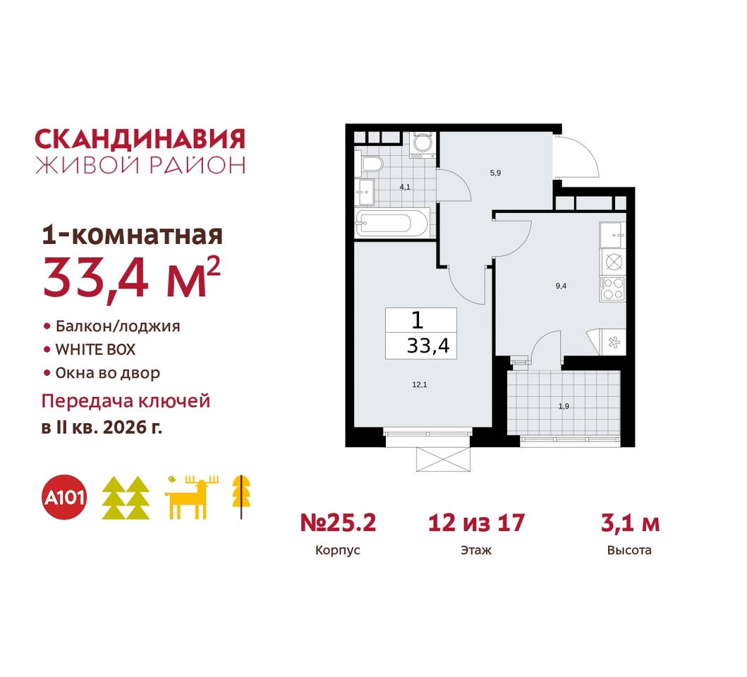 квартира г Москва п Сосенское б-р Скандинавский 25/2 жилой район «Скандинавия» Сосенское, Бутово фото 1