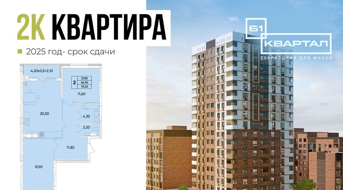 квартира г Ростов-на-Дону р-н Пролетарский Кирпичный ЖК «61 квартал» фото 3