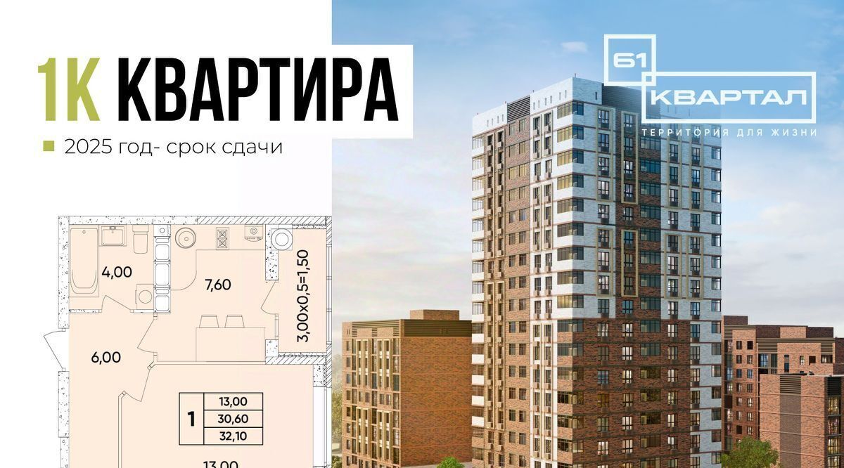 квартира г Ростов-на-Дону р-н Пролетарский Кирпичный ЖК «61 квартал» фото 3