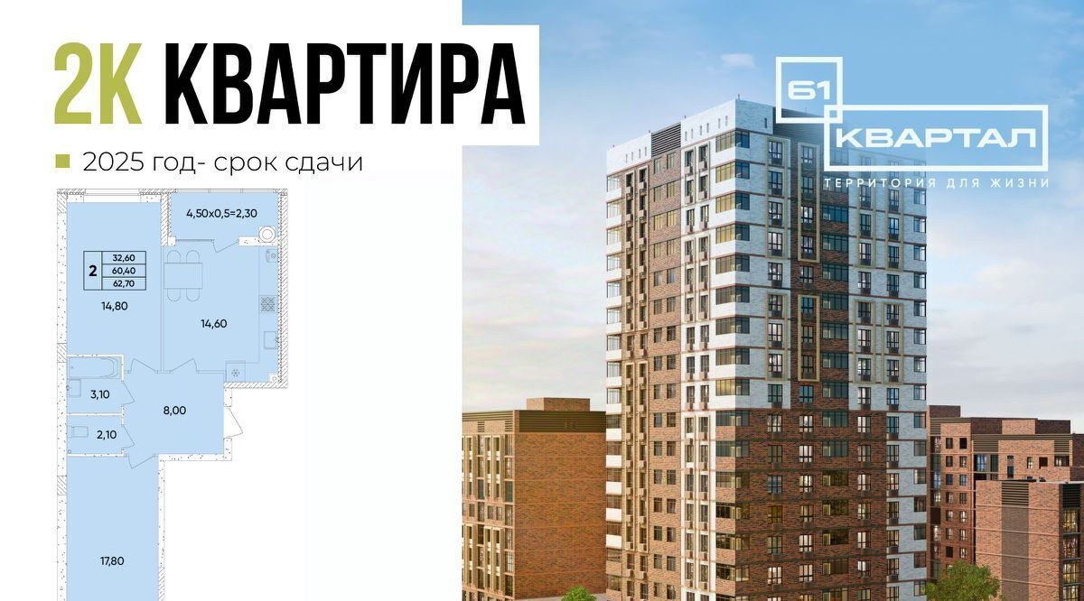 квартира г Ростов-на-Дону р-н Пролетарский Кирпичный ЖК «61 квартал» фото 3