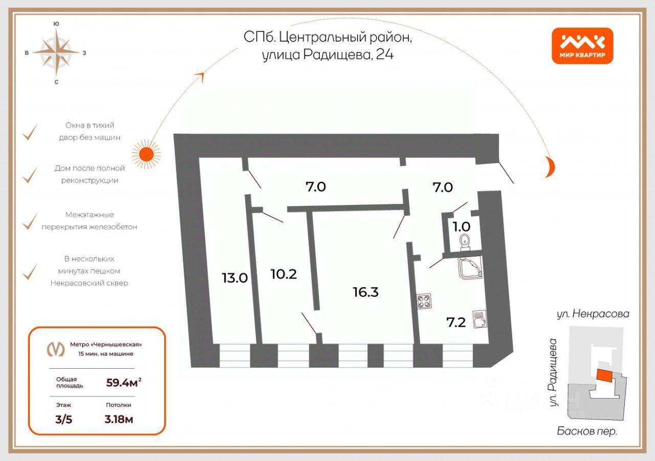 квартира г Санкт-Петербург п Шушары Центральный район пер Басков 37/39 округ Смольнинское, Ленинградская область фото 1