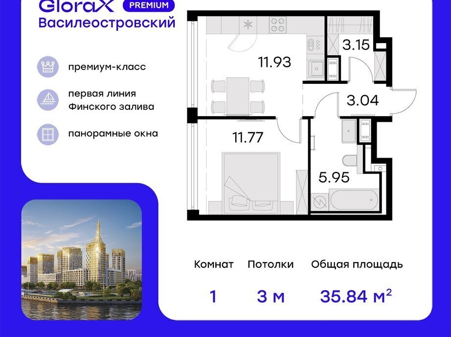 квартира г Санкт-Петербург метро Приморская ул Челюскина 10 ЖК «GloraX Premium Василеостровский» Морской округ фото 1