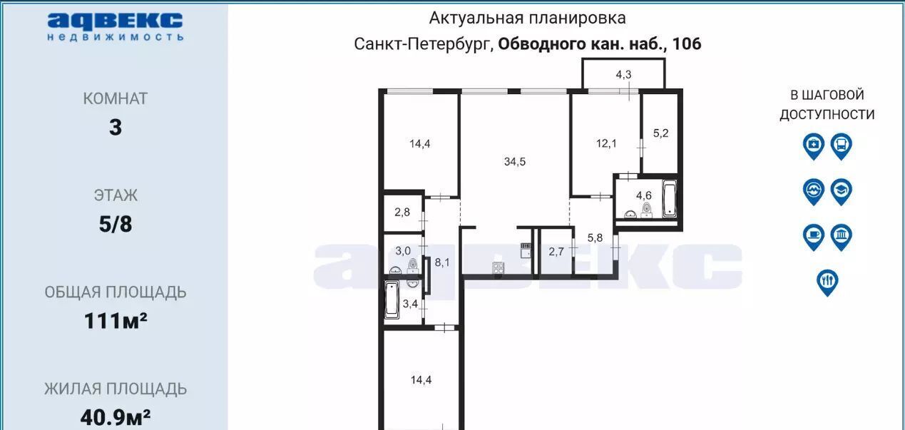 квартира г Санкт-Петербург метро Фрунзенская наб Обводного канала 106 ЖК «Московский, 65» округ Измайловское фото 2