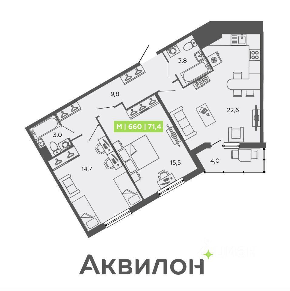 квартира г Санкт-Петербург п Шушары пр-кт Старорусский 13/1 ЖК All inclusive р-н Пушкинский Ленинградская область фото 14