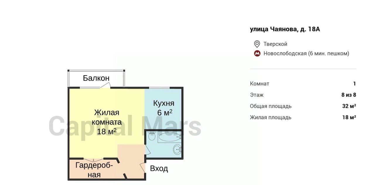 квартира г Москва метро Новослободская ул Чаянова 18а муниципальный округ Тверской фото 3