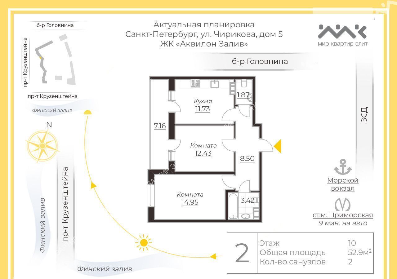 квартира г Санкт-Петербург метро Приморская ул Чирикова 5 округ Гавань фото 22