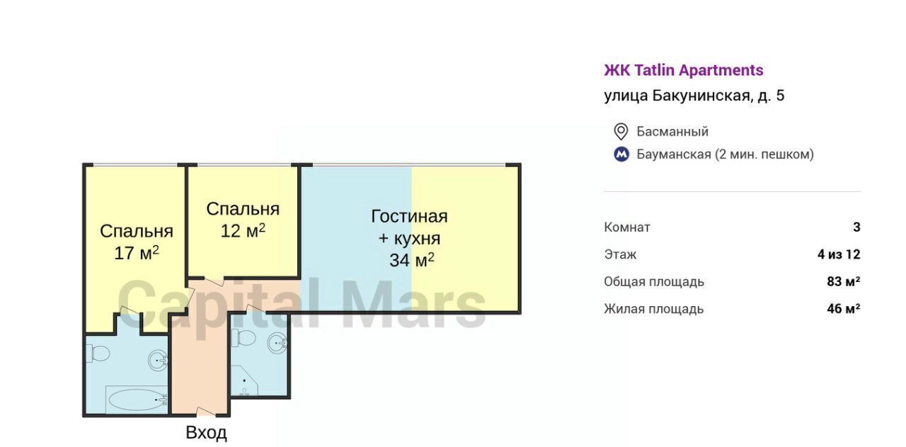 квартира г Москва метро Бауманская Бауманка ул Бакунинская 5 апарт-комплекс Tatlin Apartments фото 3