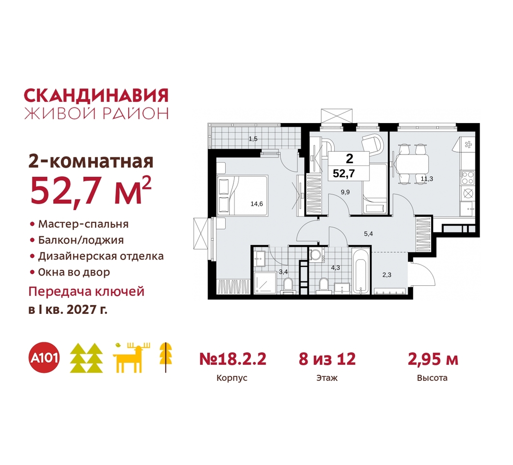 квартира г Москва п Сосенское жилой район «Скандинавия» Сосенское, жилой комплекс Скандинавия, 18. 2.2, Бутово фото 1