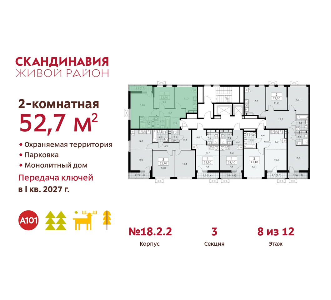 квартира г Москва п Сосенское жилой район «Скандинавия» Сосенское, жилой комплекс Скандинавия, 18. 2.2, Бутово фото 2