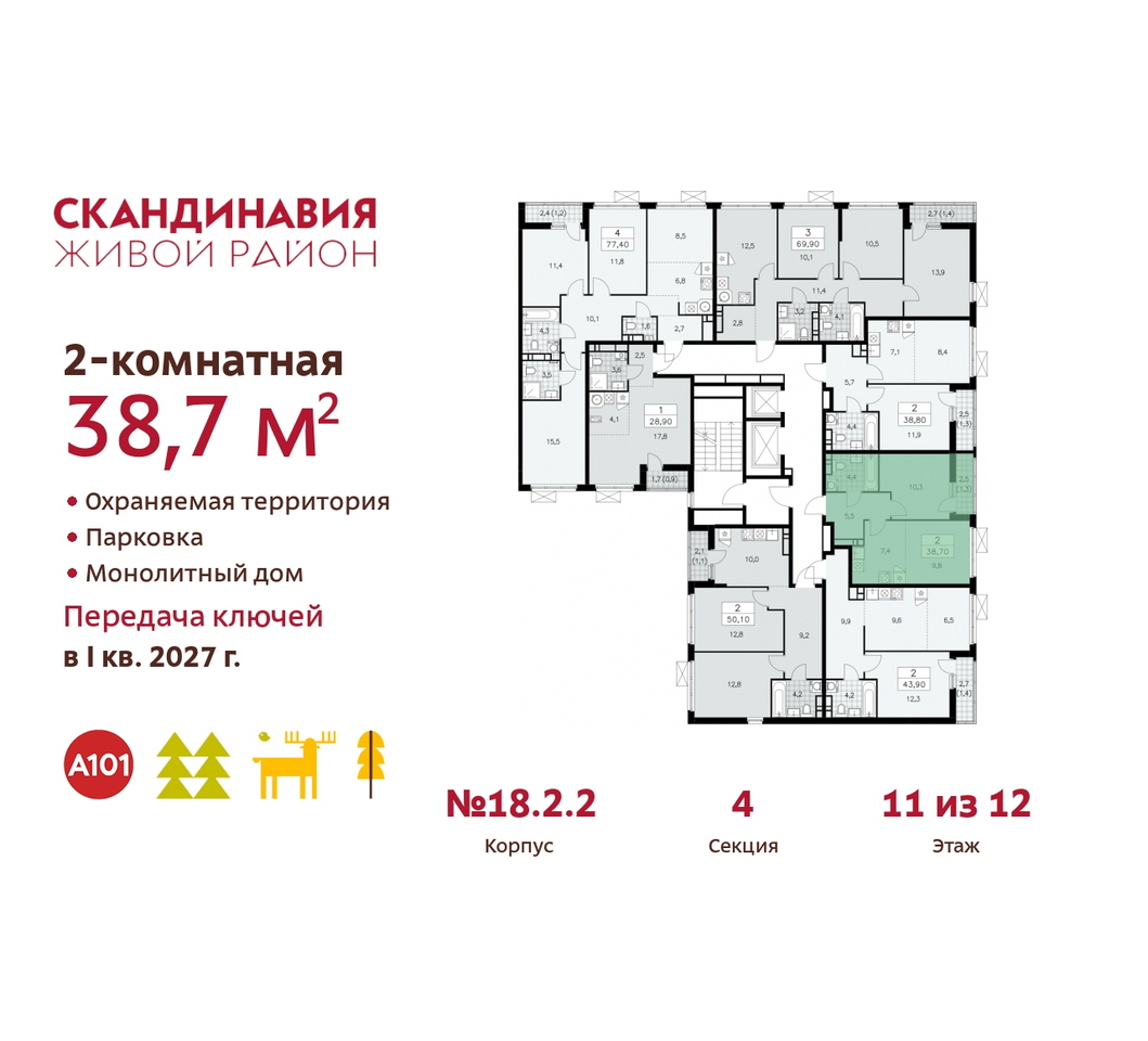 квартира г Москва п Сосенское жилой район «Скандинавия» Сосенское, жилой комплекс Скандинавия, 18. 2.2, Бутово фото 2