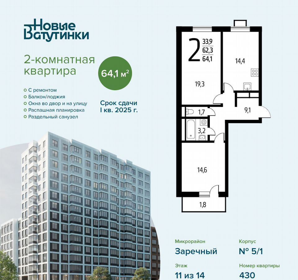 квартира г Щербинка квартал № 1 р-н Десёновское, № 5, корп. 5/1, п. Десеновское фото 1