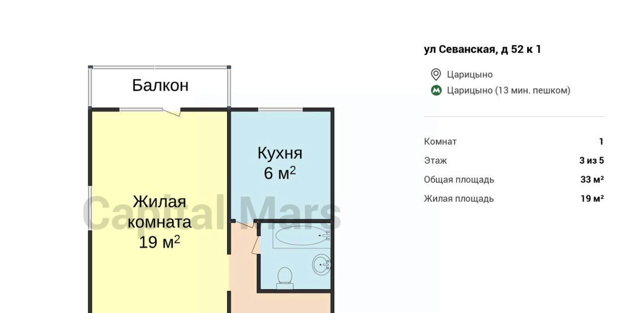 квартира г Москва метро Царицыно ул Севанская 52к/1 фото 3