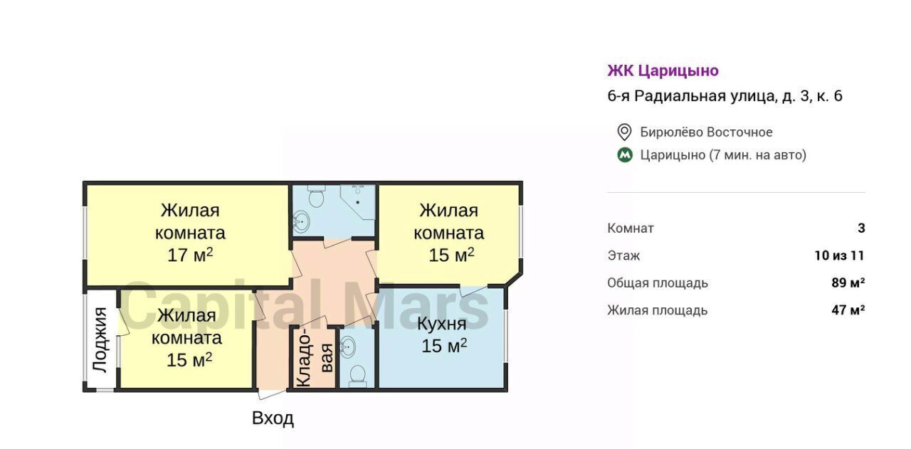 квартира г Москва метро Царицыно ул 6-я Радиальная 3к/6 фото 3