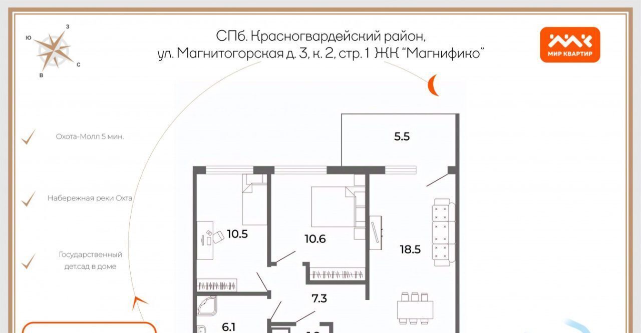 квартира г Санкт-Петербург метро Новочеркасская ул Магнитогорская 3к/2 округ Большая Охта фото 3