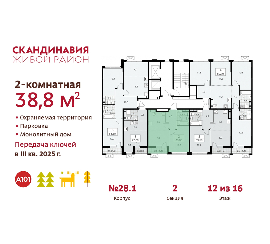 квартира г Москва п Сосенское жилой район «Скандинавия» Сосенское, жилой комплекс Скандинавия, 28. 1, Бутово фото 2