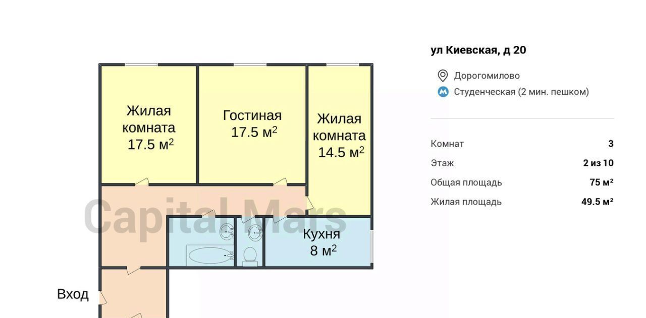 квартира г Москва метро Студенческая ул Киевская 20 муниципальный округ Дорогомилово фото 3