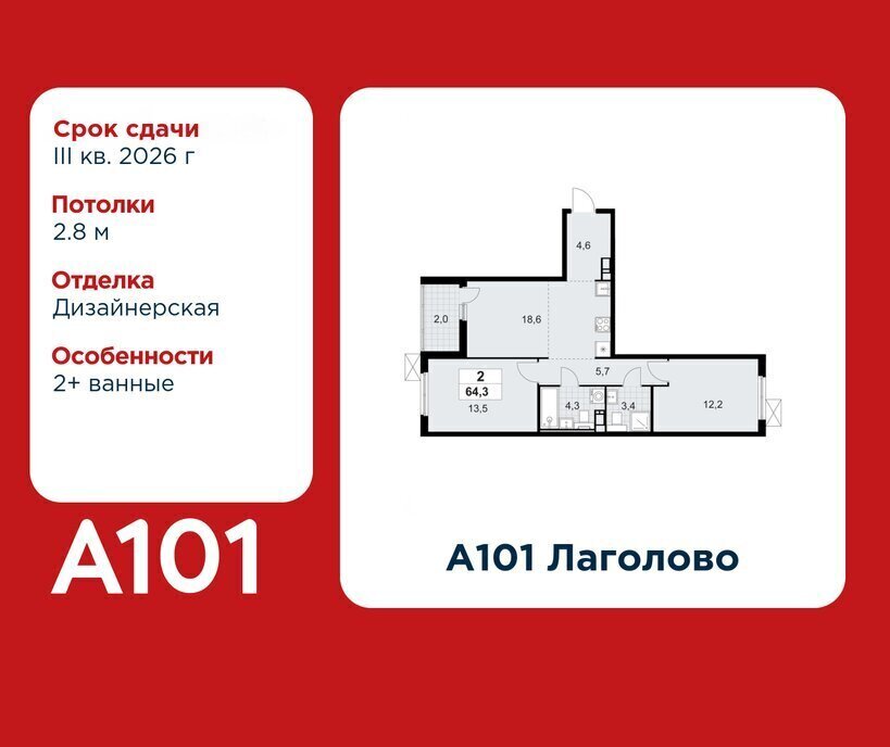 квартира р-н Ломоносовский д Лаголово ЖК «А101 Лаголово» 3/2 Проспект Ветеранов, 1. фото 1