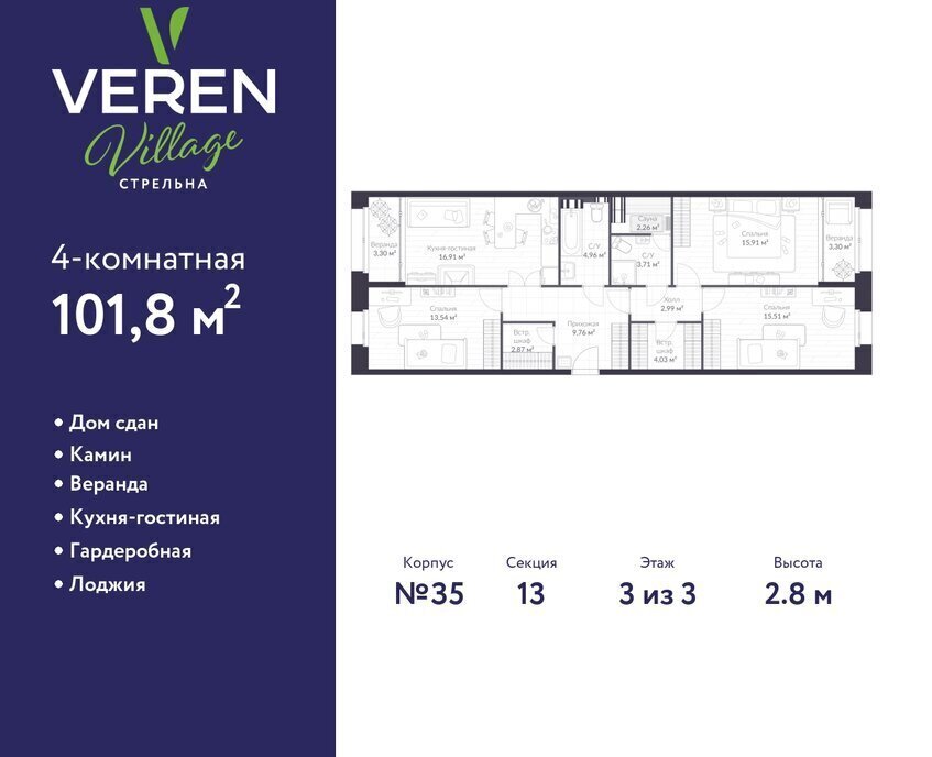 квартира г Санкт-Петербург п Стрельна ш Красносельское 22 ЖК «VEREN VILLAGE стрельна» метро Автово фото 1