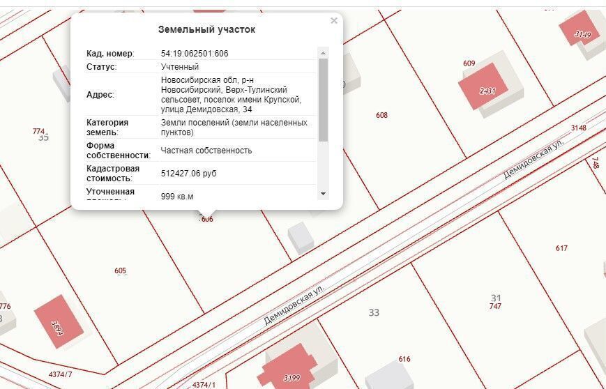 земля р-н Новосибирский п Крупской ул Демидовская 34 Верх-Тулинский сельсовет, Верх-Тула фото 1