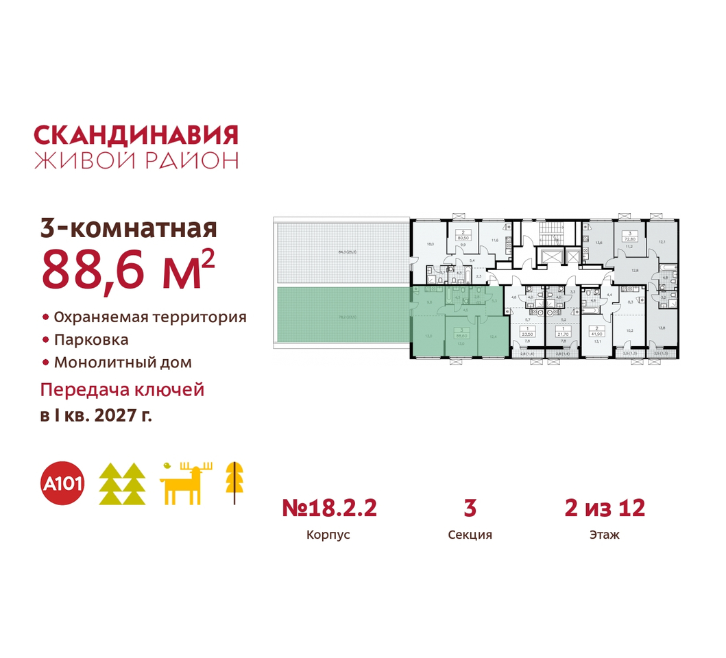 квартира г Москва п Сосенское жилой район «Скандинавия» Сосенское, жилой комплекс Скандинавия, 18. 2.2, Бутово фото 2