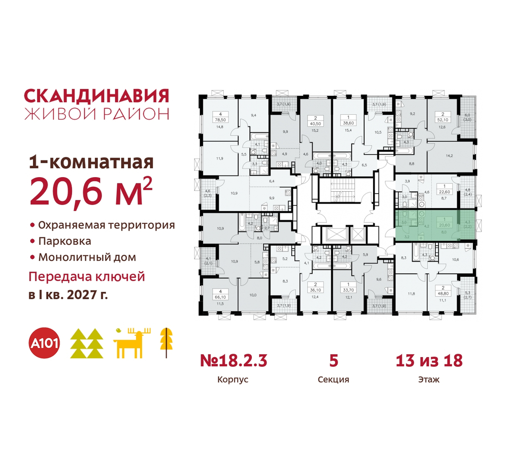 квартира г Москва п Сосенское жилой район «Скандинавия» Сосенское, жилой комплекс Скандинавия, 18. 2.3, Бутово фото 2