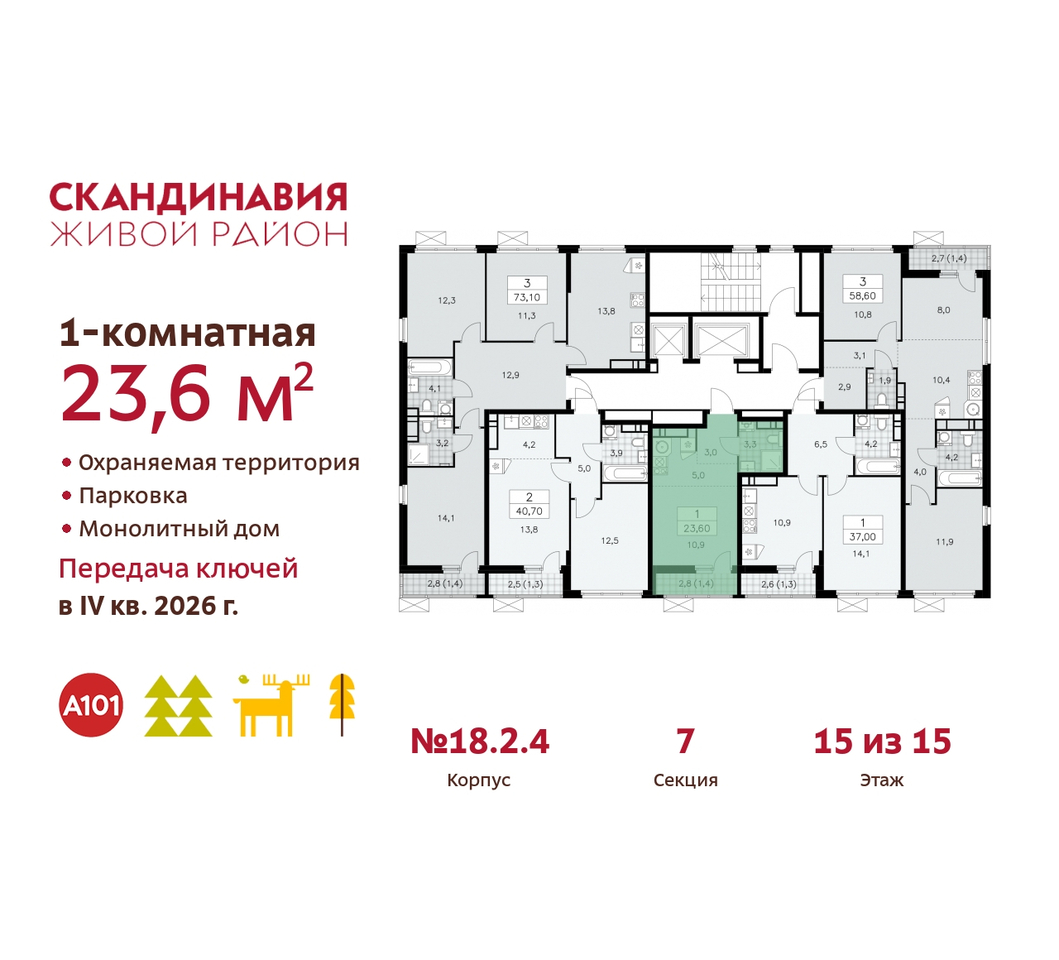 квартира г Москва п Сосенское жилой район «Скандинавия» Сосенское, жилой комплекс Скандинавия, 18. 2.4, Бутово фото 2